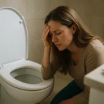 Žena so zatvorenými očami, unavená a opretá o toaletu.