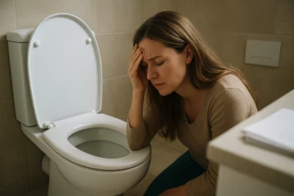 Žena so zatvorenými očami, unavená a opretá o toaletu.