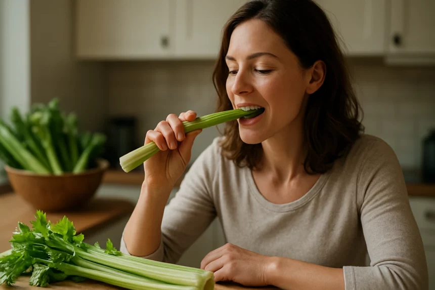 Žena je zdravá a chutná zelerové stonky doma pri varení.