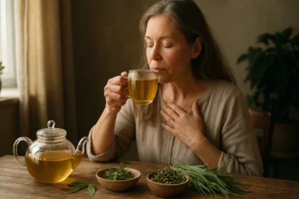 Žena pije čaj z úzkolistého skorocelu pre zdravie dýchacích ciest.