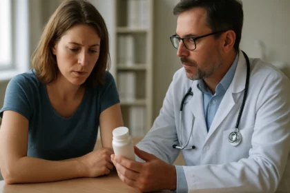 Lekár diskutuje s pacientkou o liek na chudnutie Mysimba.