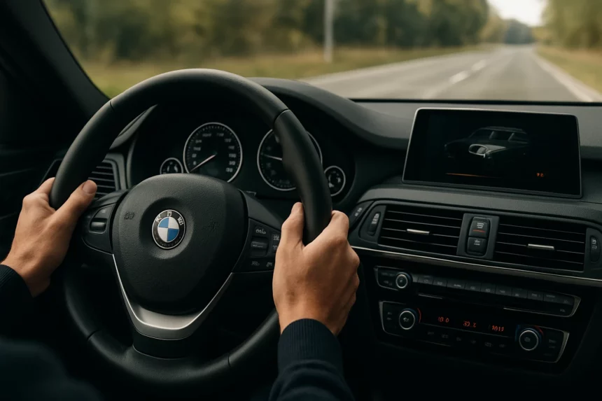 Ruka vodiča drži volant BMW s prístrojovým panelom v pozadí.