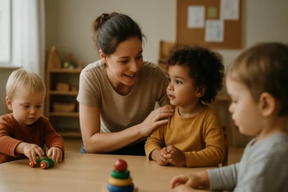Deti a učiteľka pri hre v jasliach