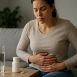 Žena trpiaca nadúvaním a brušným diskomfortom, pri stole s liekmi a vodou.