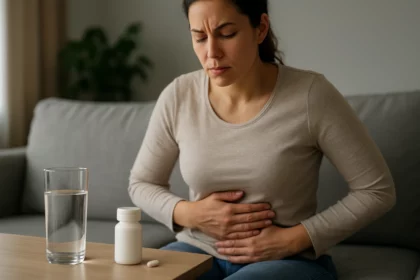 Žena trpiaca nadúvaním a brušným diskomfortom, pri stole s liekmi a vodou.