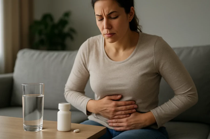 Žena trpiaca nadúvaním a brušným diskomfortom, pri stole s liekmi a vodou.