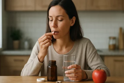 Žena užívajúca chrómové tablety pri pohári vody a jablku