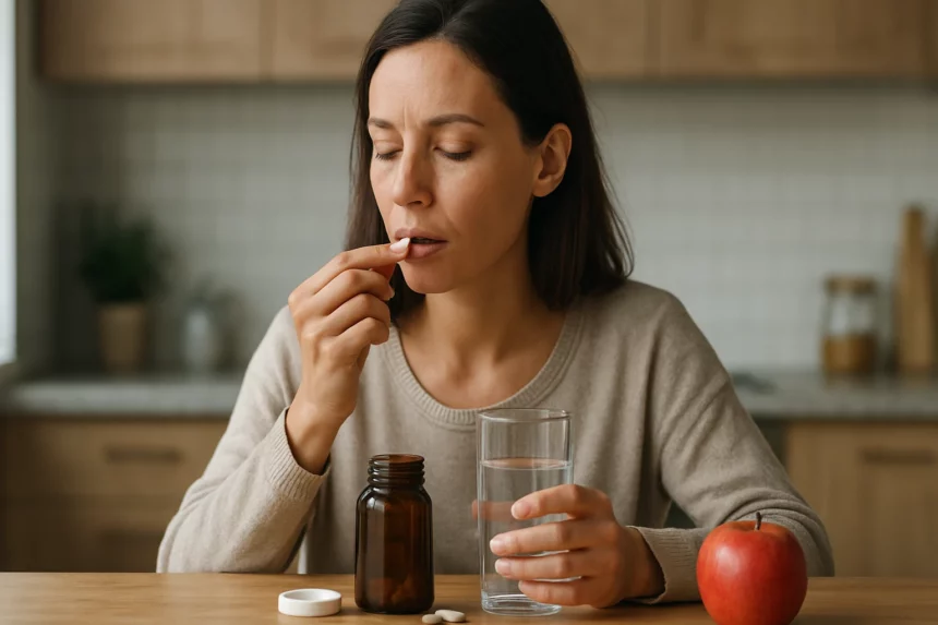 Žena užívajúca chrómové tablety pri pohári vody a jablku