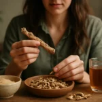 Žena drži dračí koreň, vedľa sú časti koreňa a šálka čaju.