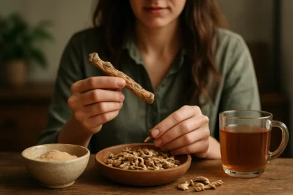 Žena drži dračí koreň, vedľa sú časti koreňa a šálka čaju.