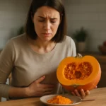 Žena s tekvicou trpiaca bolesťou brucha pri jedle.