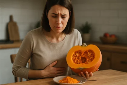 Žena s tekvicou trpiaca bolesťou brucha pri jedle.
