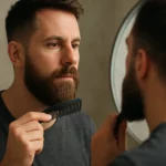 Muž s bradou sa česne hrebeňom pred zrkadlom.