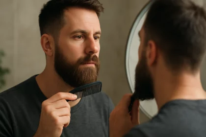 Muž s bradou sa česne hrebeňom pred zrkadlom.