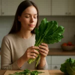 Žena s listami zeleniny v kuchyni, ocenujúcich ich výhody