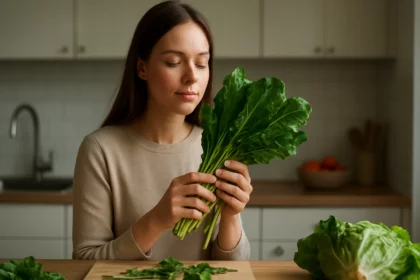 Žena s listami zeleniny v kuchyni, ocenujúcich ich výhody