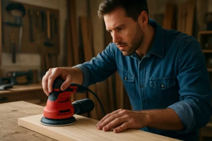 Muž používajúci excentrickú brúsku na dreve v dielni