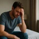 Muž s hlavou v dlaniach, zjavne prežíva stres v spálni.