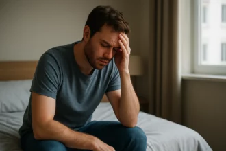 Muž s hlavou v dlaniach, zjavne prežíva stres v spálni.