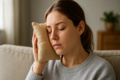 Žena s teplým soľným vankúšom na uchu na úľavu od bolesti.