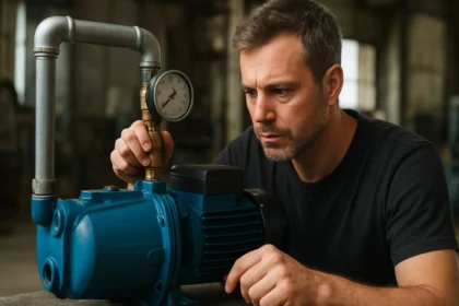 Muž kontrolujúci funkčnosť jet čerpadla v priemyselnom prostredí.