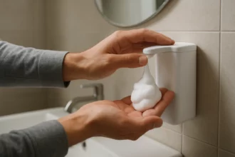 Ručné dávkovanie penového mydla v kúpeľni.