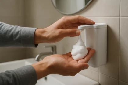 Ručné dávkovanie penového mydla v kúpeľni.