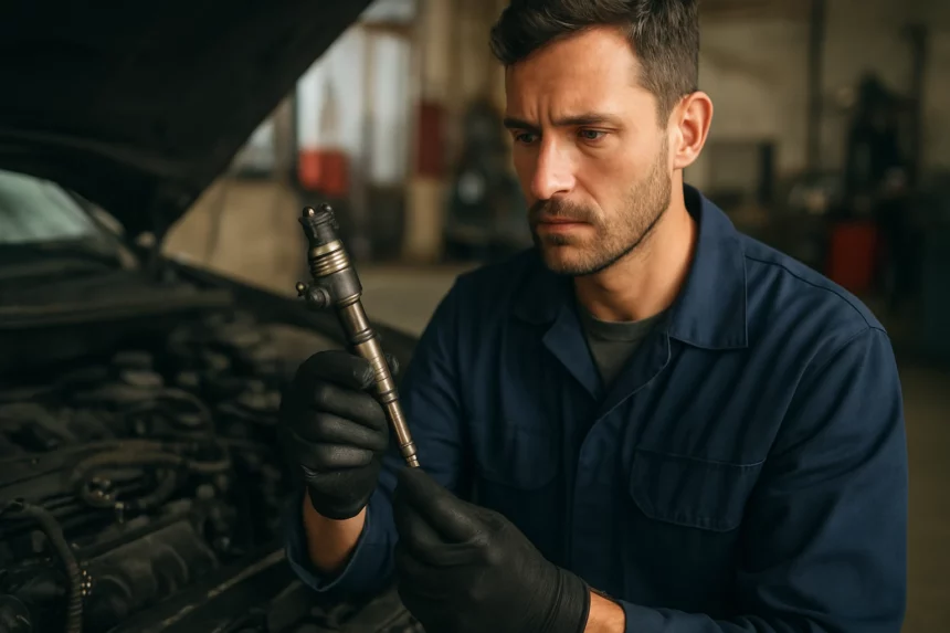 Mechanik kontroluje benzínový vstrekovač v garáži.