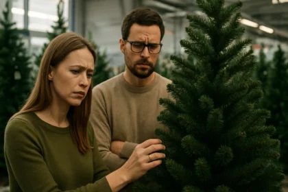 Pár zvažuje kúpu umelého vianočného stromčeka v predajni
