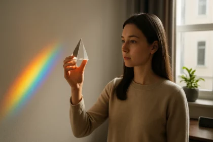 Žena drží prizmá v ruke, pozorujúc rozložené svetlo na stene.