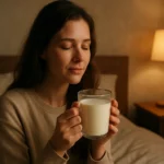 Žena si vychutnáva teplé mlieko pred spaním.