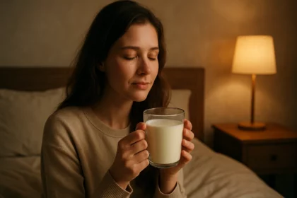 Žena si vychutnáva teplé mlieko pred spaním.