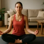 Žena cvičící jogu doma pro zmírnění menstruačních bolestí