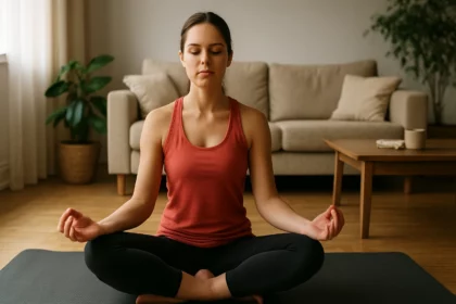 Žena cvičící jogu doma pro zmírnění menstruačních bolestí