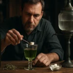 Muž pripravujúci absint s cukrom a pelyňkom na stoloch