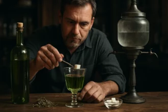Muž pripravujúci absint s cukrom a pelyňkom na stoloch