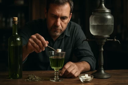 Muž pripravujúci absint s cukrom a pelyňkom na stoloch