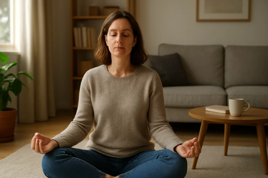 Žena cviči vedomé dýchanie a meditáciu v domácnosti.