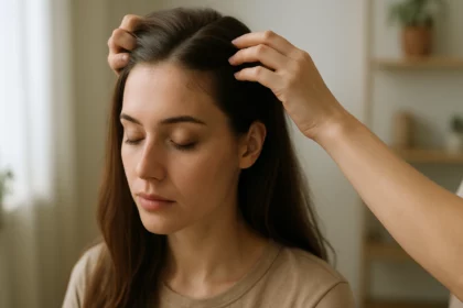 Žena s dlhými vlasmi má relaxačnú masáž pokožky hlavy.