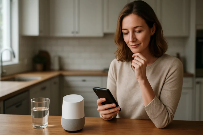 Žena interaguje s Google Home a smartfónom v kuchyni