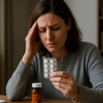 Žena s antidepresívami prežíva obavy o ich účinky.