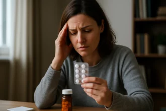 Žena s antidepresívami prežíva obavy o ich účinky.