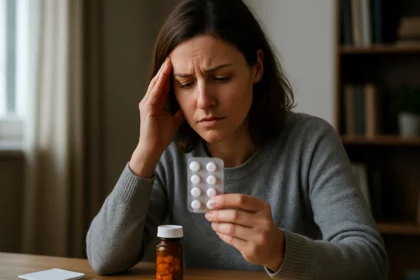 Žena s antidepresívami prežíva obavy o ich účinky.