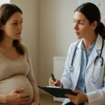 Tehotná žena na konzultácii so zdravotníkom o rizikách TSH.