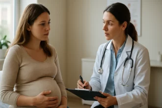 Tehotná žena na konzultácii so zdravotníkom o rizikách TSH.