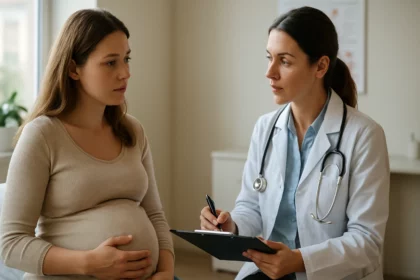 Tehotná žena na konzultácii so zdravotníkom o rizikách TSH.
