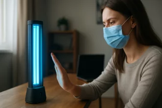 Žena v maske používa UV-C lampu na dezinfekciu pri stole