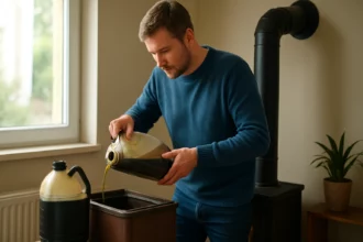 Muž nalieva použitý motorový olej do nádoby na úsporné kúrenie.