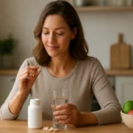 Žena berie kolagénové kapsuly a pije vodu pre zdravú pokožku.