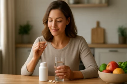 Žena berie kolagénové kapsuly a pije vodu pre zdravú pokožku.